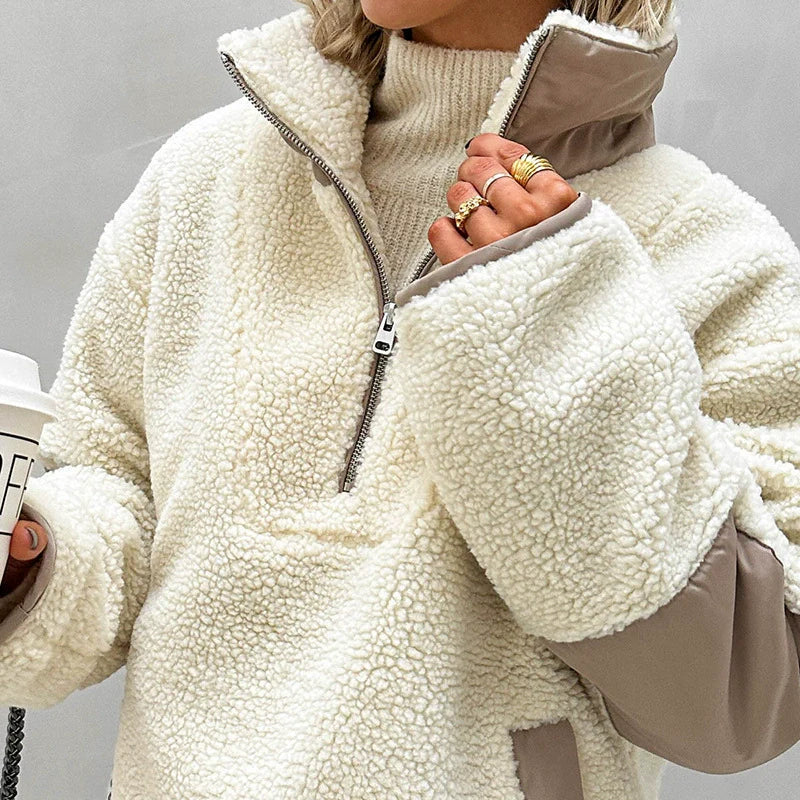 Women’s Sherpa Half-zip Sweatshirt Pullover Fleece  – Oversized Fit – Quarter Zip – Stand Collar – Side Pockets