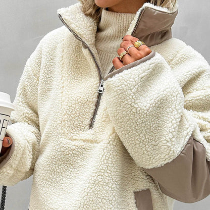 Women’s Sherpa Half-zip Sweatshirt Pullover Fleece  – Oversized Fit – Quarter Zip – Stand Collar – Side Pockets