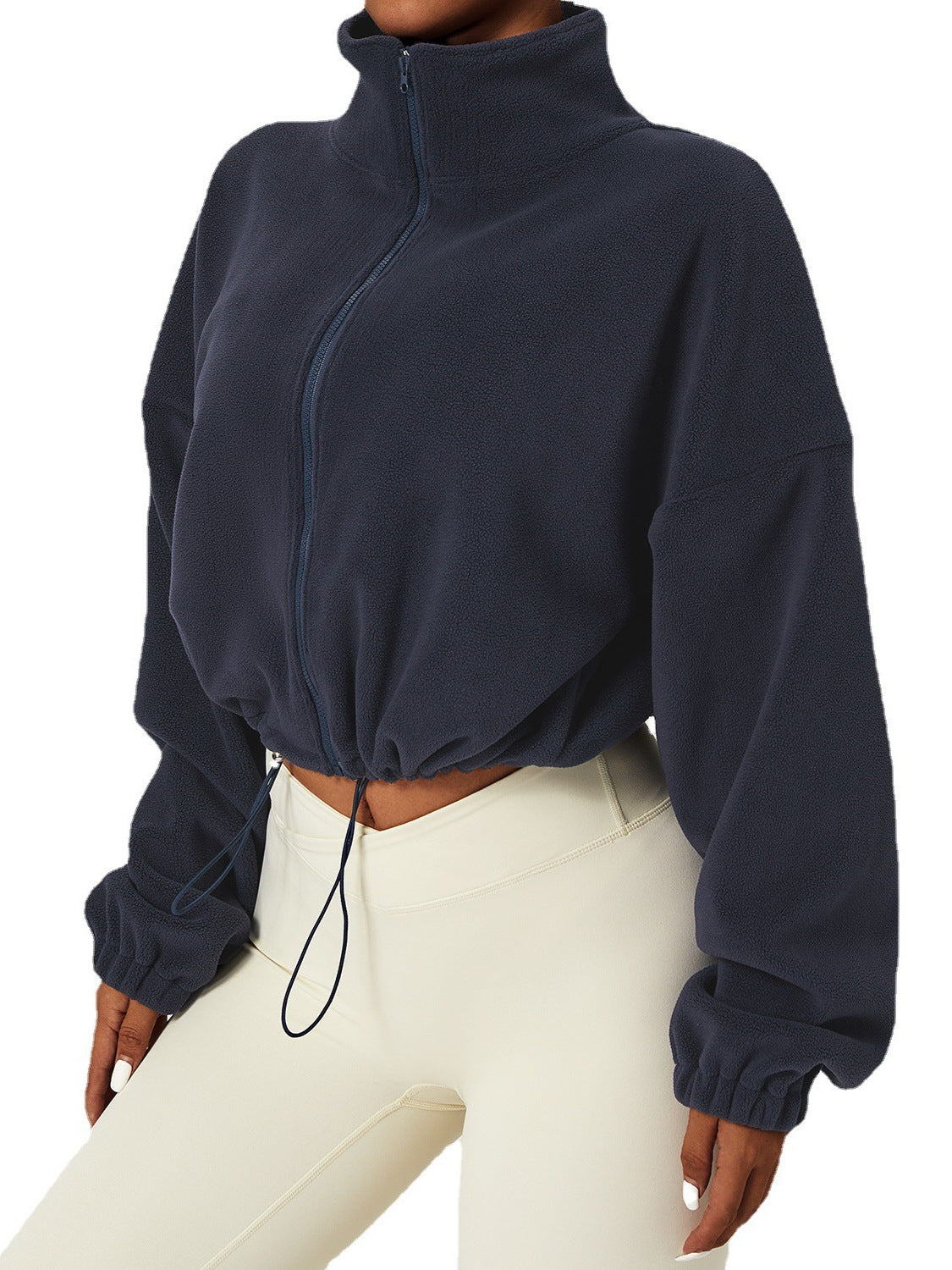 Women’s Cropped Jacket – Plush Fleece Feel – Loose Fit – Stand Collar – Zip Front