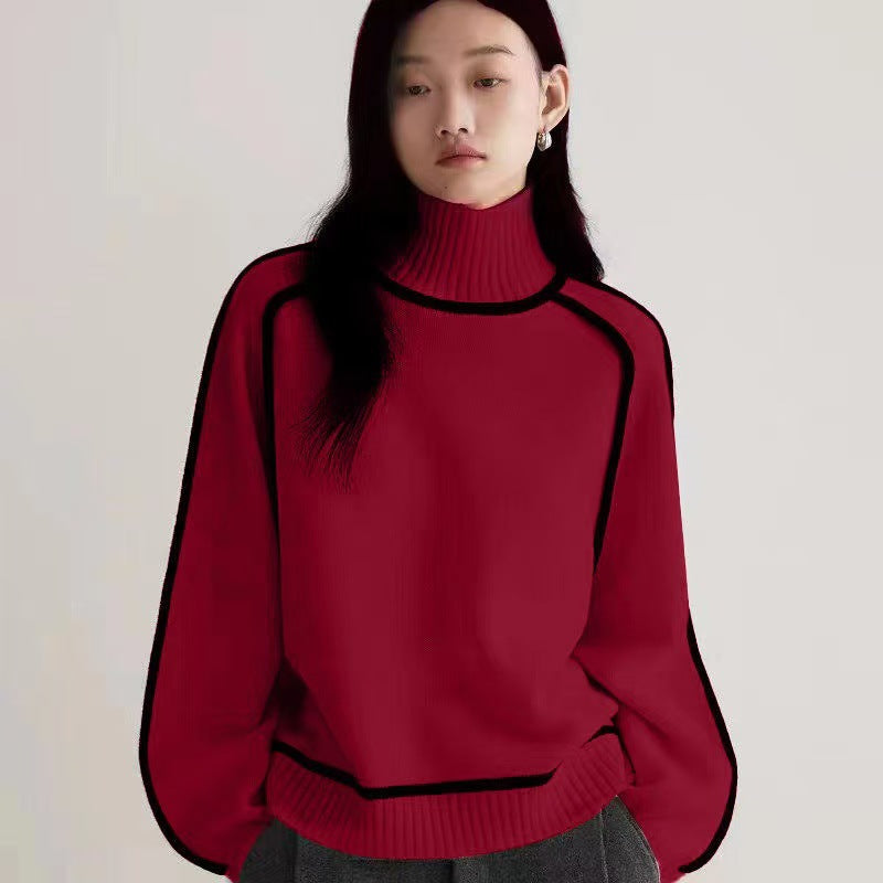 Women’s Turtleneck Top – Relaxed Fit – Soft Knit – Ribbed Trim – Contrast Piping