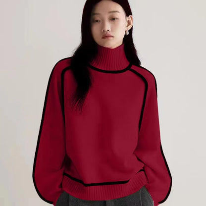 Women’s Turtleneck Top – Relaxed Fit – Soft Knit – Ribbed Trim – Contrast Piping