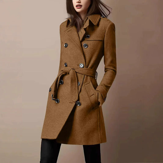 Women’s Coat – Slim Fit – Wool Feel – Double-Breasted – Belted Waist – Mid-Thigh Length