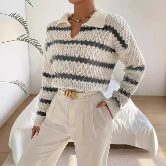 Women’s Pullover Sweater – Relaxed Fit – Knit Striped – Polo Collar – Hip Length