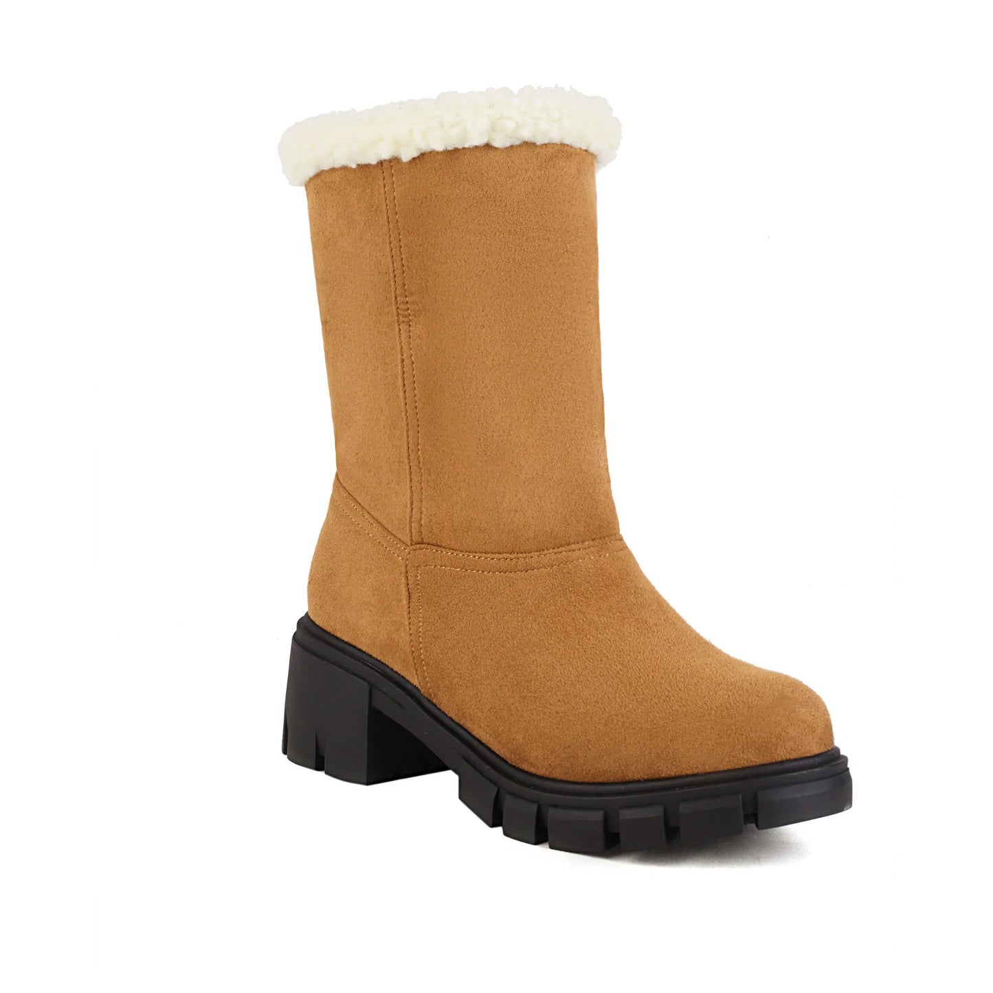 Women’s Ankle Boots – Block Heel – Plush Fold-Over Cuff – Lug Sole – Pull-On Fit