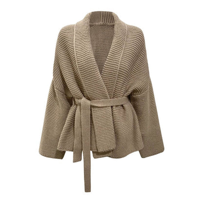 Women’s Cardigan – Chunky Knit – Oversized Fit – V-Neck – Waist Tie – Mid-Length
