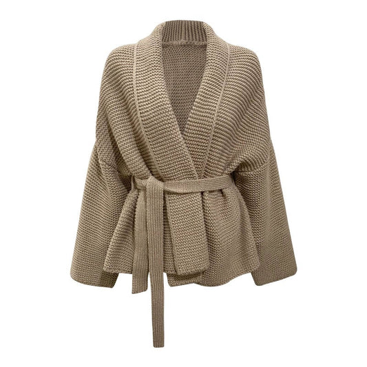 Women’s Cardigan – Chunky Knit – Oversized Fit – V-Neck – Waist Tie – Mid-Length