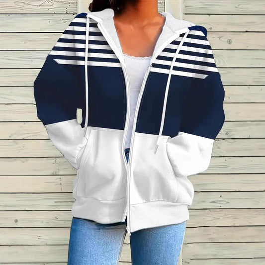 Women’s Hooded Jacket – Loose Fit – Cotton Blend – Full Zip – Striped – Pockets