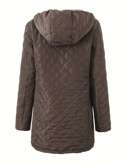 Women’s Quilted Hooded Jacket – Plush Lined – Relaxed Fit – Mid-Thigh Length – Zipper Front