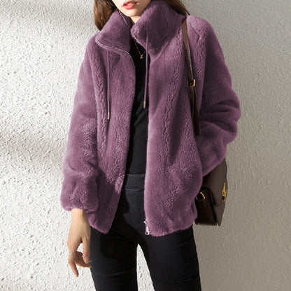 Women’s Jacket – Plush Fleece – Relaxed Fit – Zip Front – Stand Collar – Side Pockets