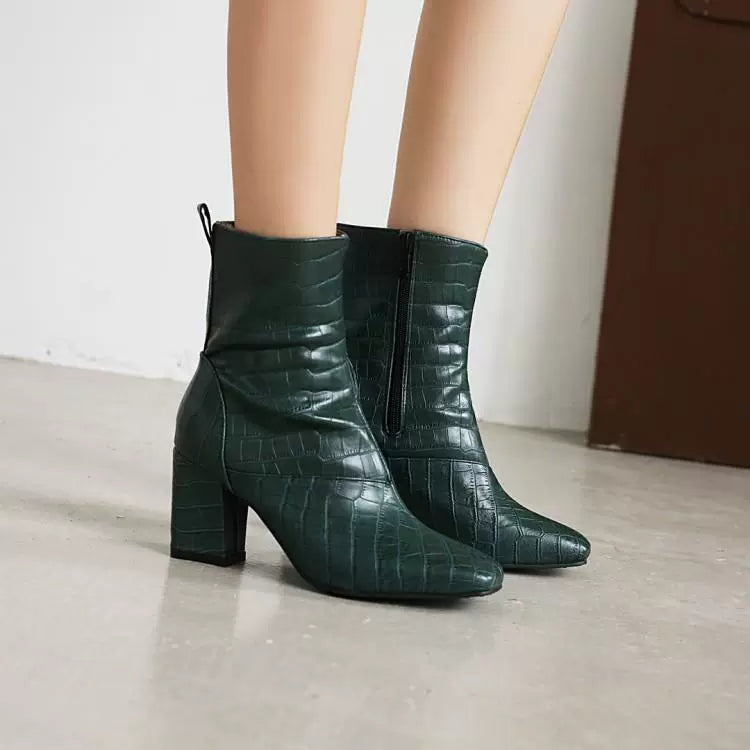 Women’s Ankle Boots – Embossed Texture – Square Toe – Chunky Heel – Side Zipper Closure