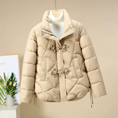 Women’s Puffer Jacket – Oversized Fit – Quilted Pattern – Frog Buttons – Adjustable Hem