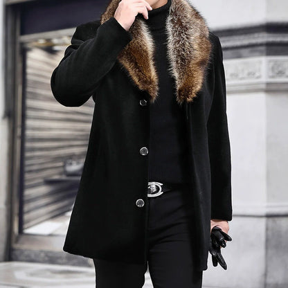 Men’s Mid-Length Coat – Structured Fit – Wool Texture – Shaggy Fur V-Collar – Button Front