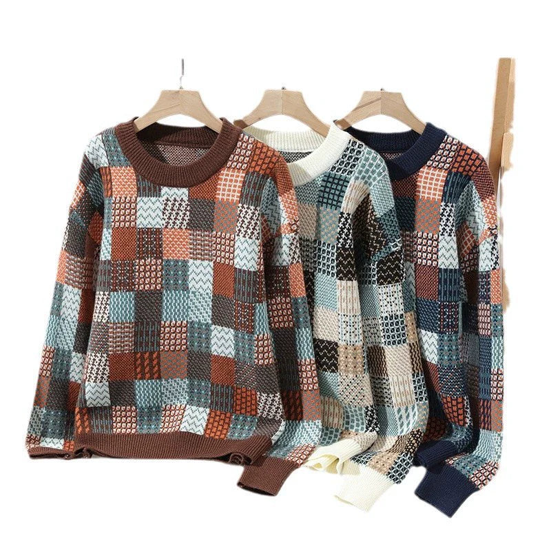 Men’s Pullover Sweater – Relaxed Fit – Wool Blend Knit – Checkerboard Patchwork