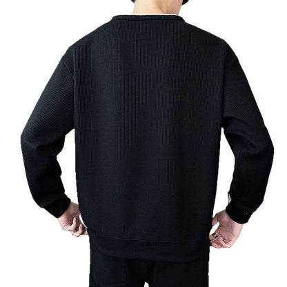 Men’s Sweatshirt – Relaxed Fit – Waffle Knit – Layered V-Notch Collar – Ribbed Trim