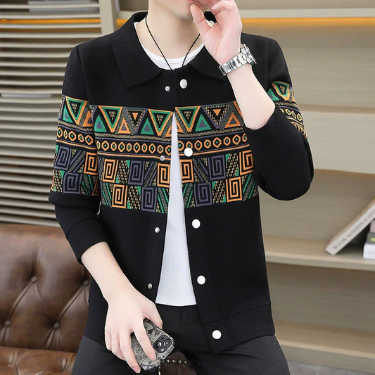 Men’s Knitted Jacket – Slim Fit – Geometric Pattern – Shirt Collar – Button Front