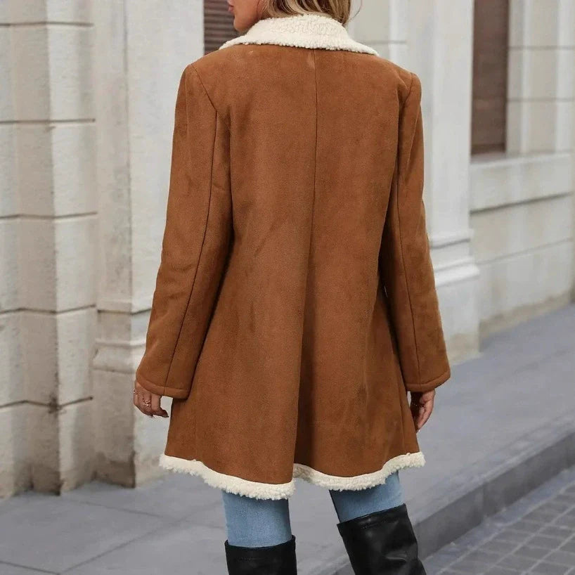 Women’s Mid-Length Coat – Double-Breasted – Faux Suede – Plush Lining – Relaxed Fit