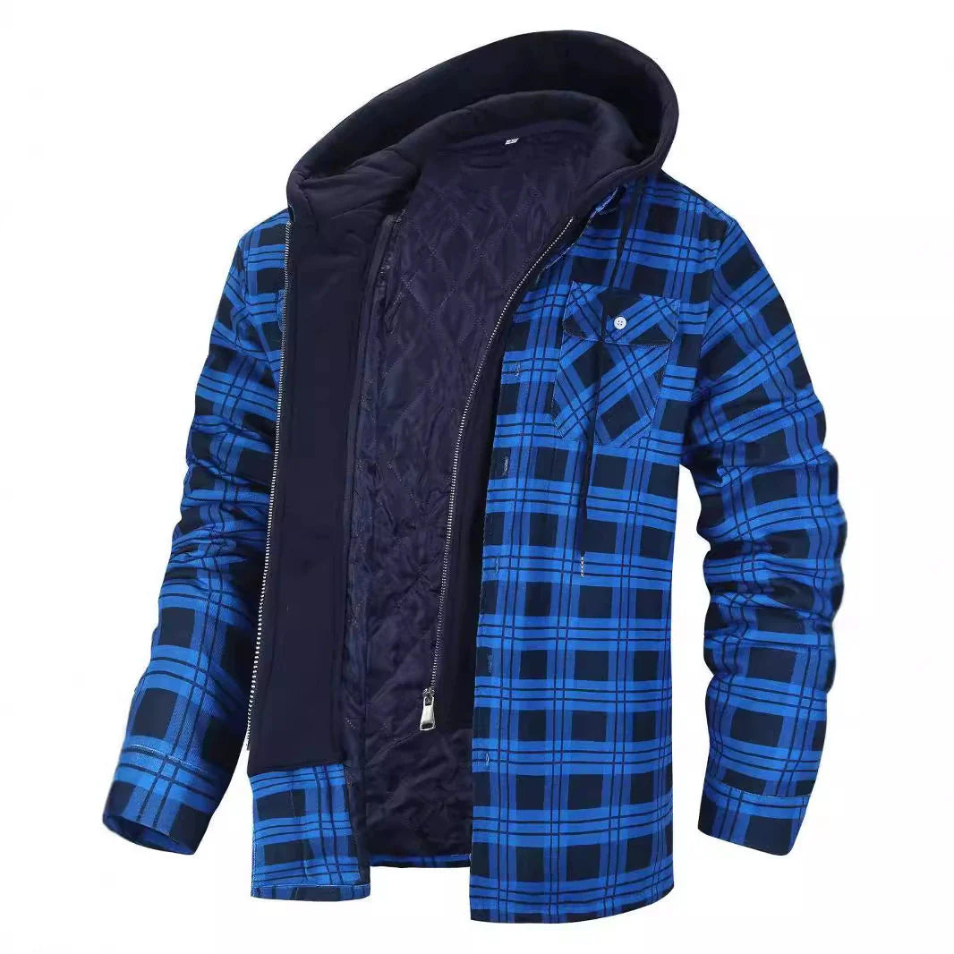Men’s Jacket – Plaid Pattern – Quilted Sherpa Lining – Hooded – Regular Fit Casual