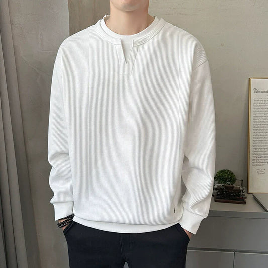 Men’s Sweatshirt – Relaxed Fit – Waffle Knit – Layered V-Notch Collar – Ribbed Trim