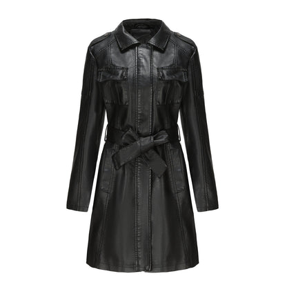 Women’s Mid-Length Jacket – Structured Fit – Faux Leather Look – Button Epaulets – Flap Pockets