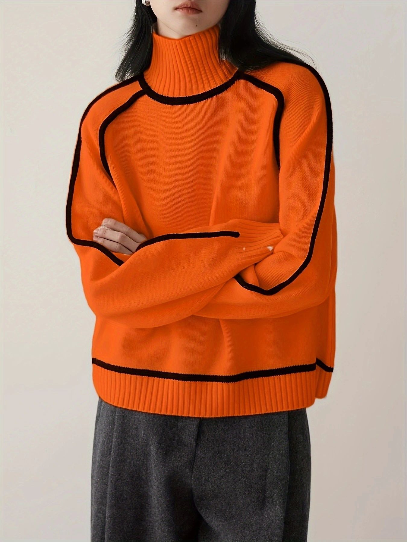 Women’s Turtleneck Top – Relaxed Fit – Soft Knit – Ribbed Trim – Contrast Piping