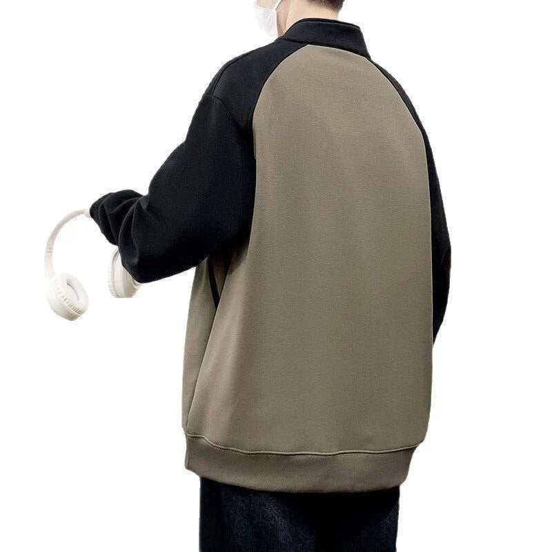 Men’s Sweatshirt – Oversized Relaxed Fit – Half Zip Collar – Contrast Sleeves – Cotton Blend