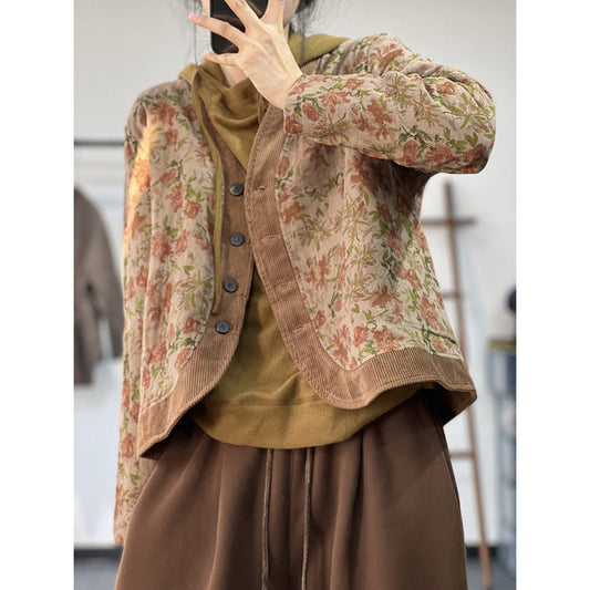 Women’s Quilted Jacket – Relaxed Fit – Jacquard Floral Pattern – Corduroy Trim