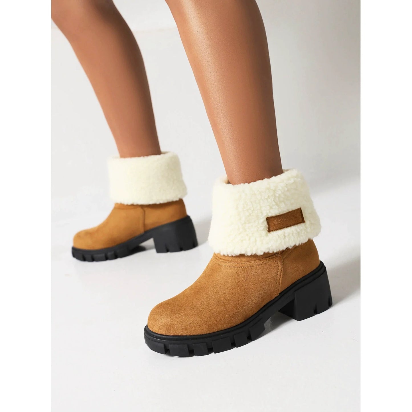 Women’s Ankle Boots – Block Heel – Plush Fold-Over Cuff – Lug Sole – Pull-On Fit
