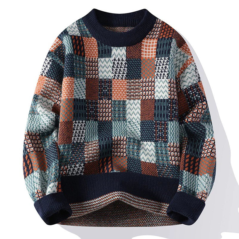 Men’s Pullover Sweater – Relaxed Fit – Wool Blend Knit – Checkerboard Patchwork