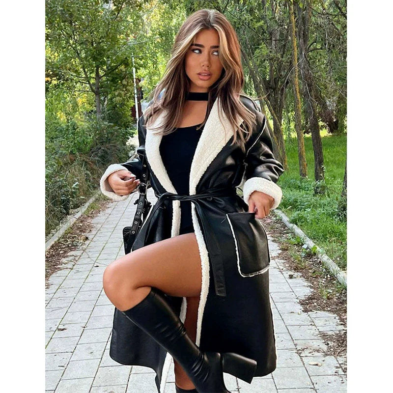Women’s Long Coat – Oversized Fit – Faux Leather Wrap Style – Plush Trim & Tie Belt