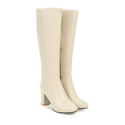 Women’s Knee-High Boots – Structured Fit – Block Heel – Smooth Finish – Zipper Closure