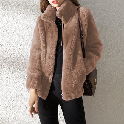 Women’s Jacket – Plush Fleece – Relaxed Fit – Zip Front – Stand Collar – Side Pockets