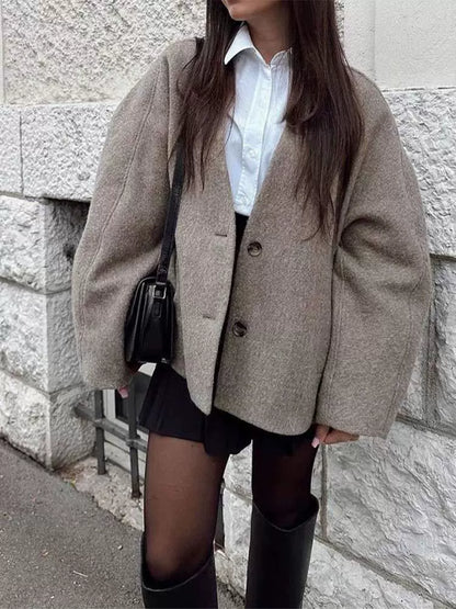Women’s Short Wool-Like Jacket – Boxy Fit – V-Neck – Wide Sleeves – Coat-Inspired Design