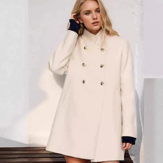 Women’s Coat – Structured Fit – Wool Blend – Double-Breasted – Stand Collar – Mid-Thigh Length