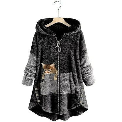 Women’s Hooded Jacket – Oversized Fit – Plush Texture – Kangaroo Pocket – Cat Graphic