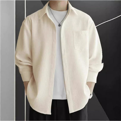 Men’s Button-Up Shirt – Waffle Knit – Oversized Fit – Long Sleeve – Casual Layer