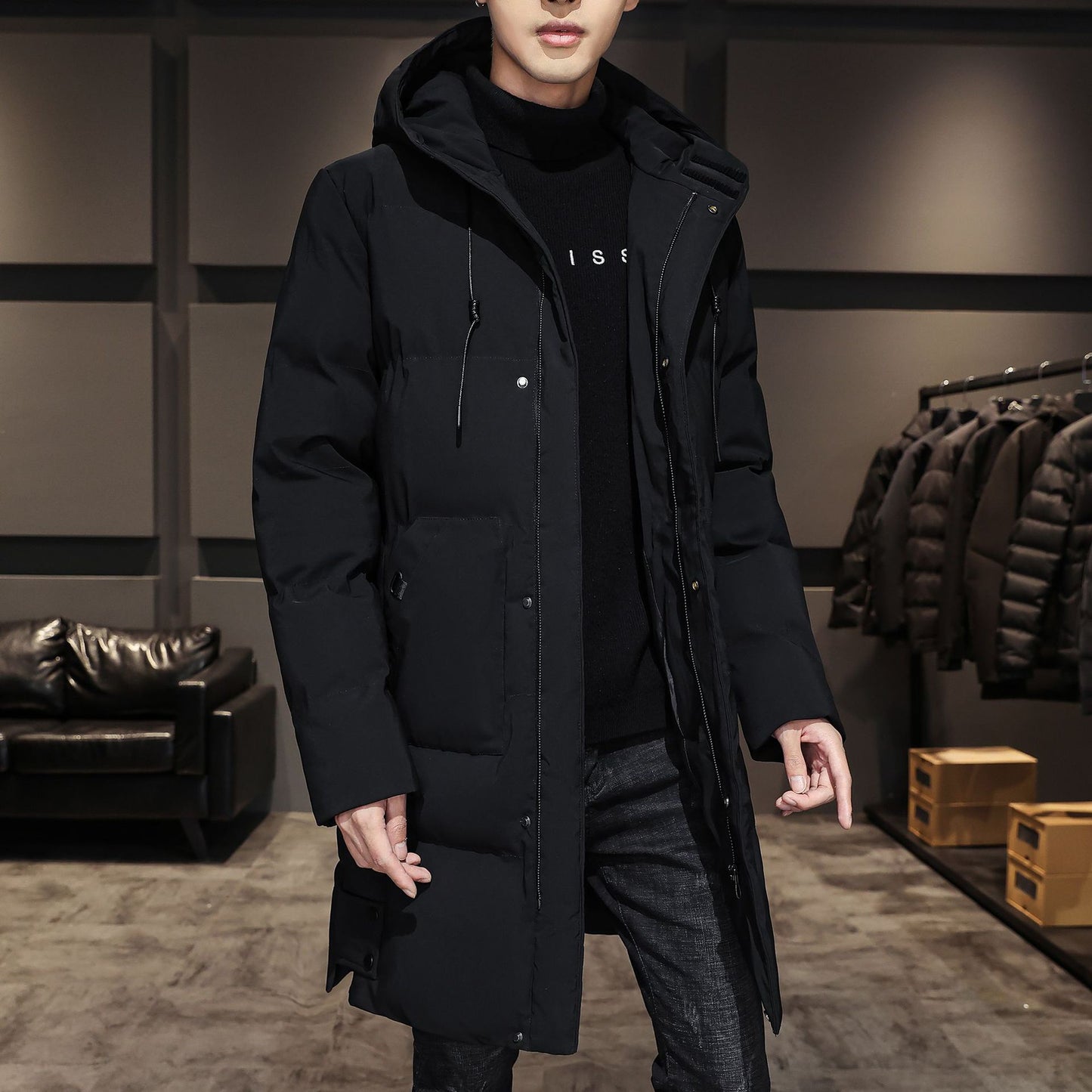 Men’s Long Jacket – Quilted Insulation – Hooded – Ribbed Cuffs – Regular Fit