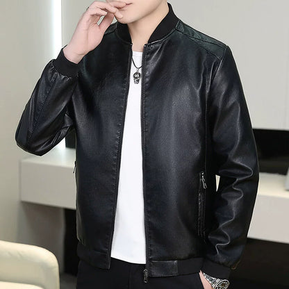 Men’s Bomber Jacket – Slim Fit – Faux Leather – Full Zip – Ribbed Collar and Cuffs
