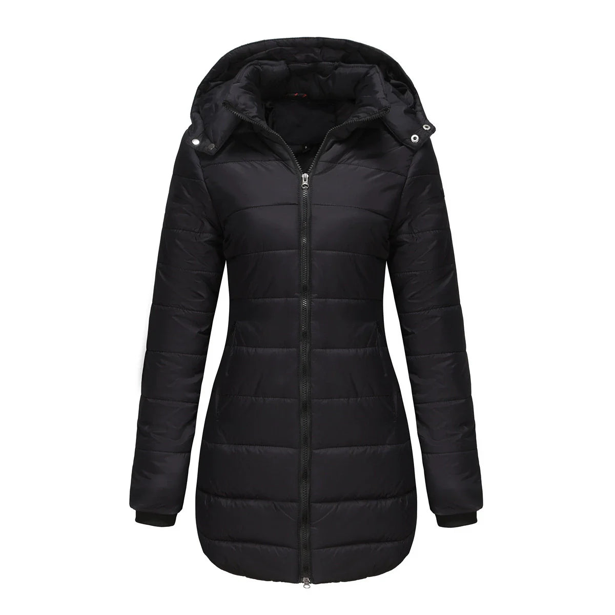 Women’s Puffer Jacket – Quilted Insulation – Detachable Hood – Mid-Length Fit