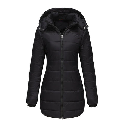 Women’s Puffer Jacket – Quilted Insulation – Detachable Hood – Mid-Length Fit