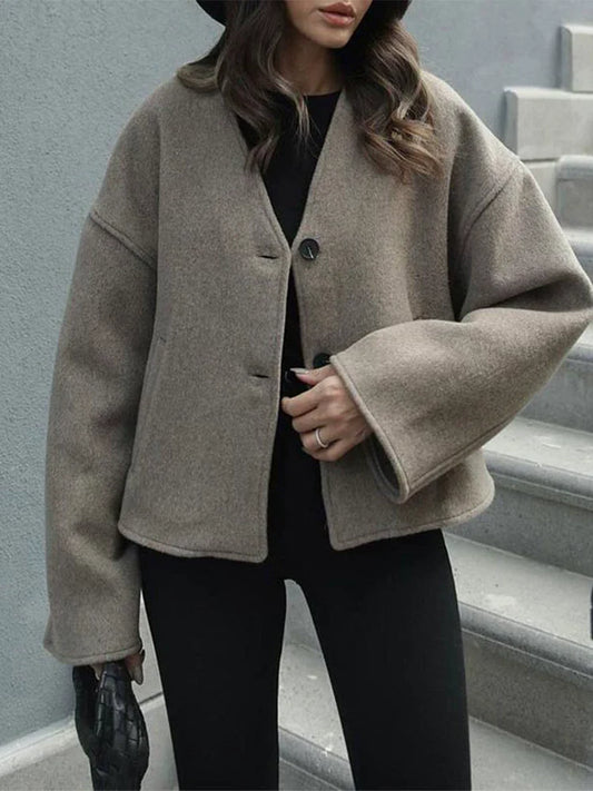 Women’s Short Wool-Like Jacket – Boxy Fit – V-Neck – Wide Sleeves – Coat-Inspired Design