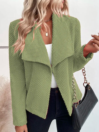 Women’s Jacket – Relaxed Fit – Waffle Knit – Open Front Waterfall Lapel – Long Sleeve