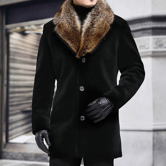 Men’s Mid-Length Coat – Structured Fit – Wool Texture – Shaggy Fur V-Collar – Button Front