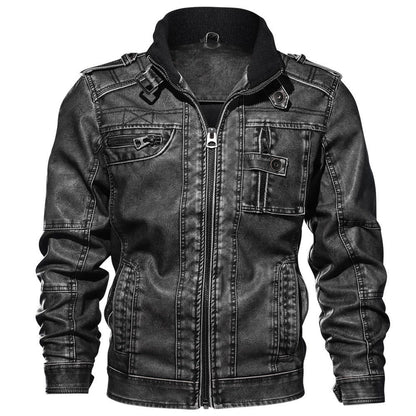 Men’s Jacket – Slim Fit – Leather-Like Fabric – Stand-Up Collar – Multi-Pocket – Epaulet Design