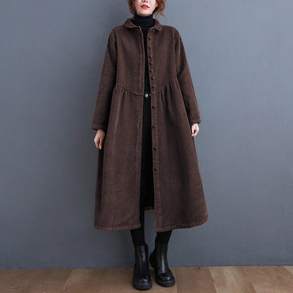 Women’s Long Coat – Corduroy A-Line – Loose Fit – High Neck – Button Front – Midi Length