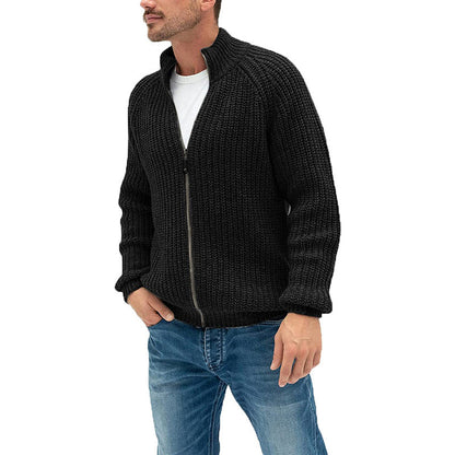 Men’s Cardigan – Chunky Knit Wool – Full-Zip – High Collar – Raglan Sleeve – Regular Fit