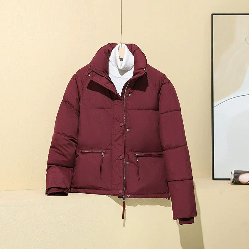 Women’s Puffer Coat – Quilted Insulated – Boxy Fit – Cropped Length – Stand Collar