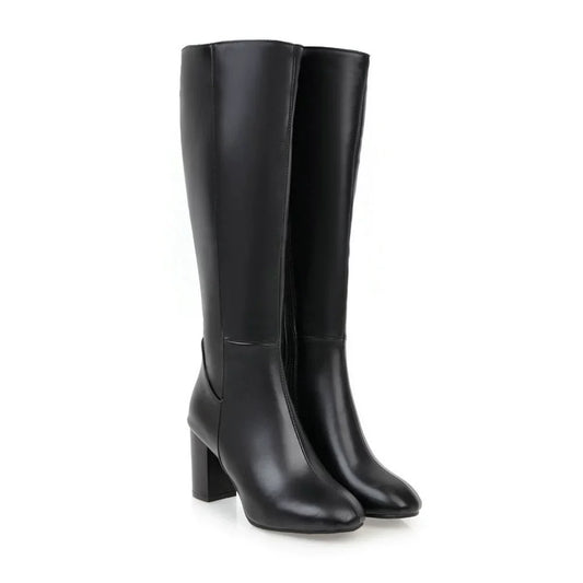 Women’s Knee-High Boots – Structured Fit – Block Heel – Smooth Finish – Zipper Closure