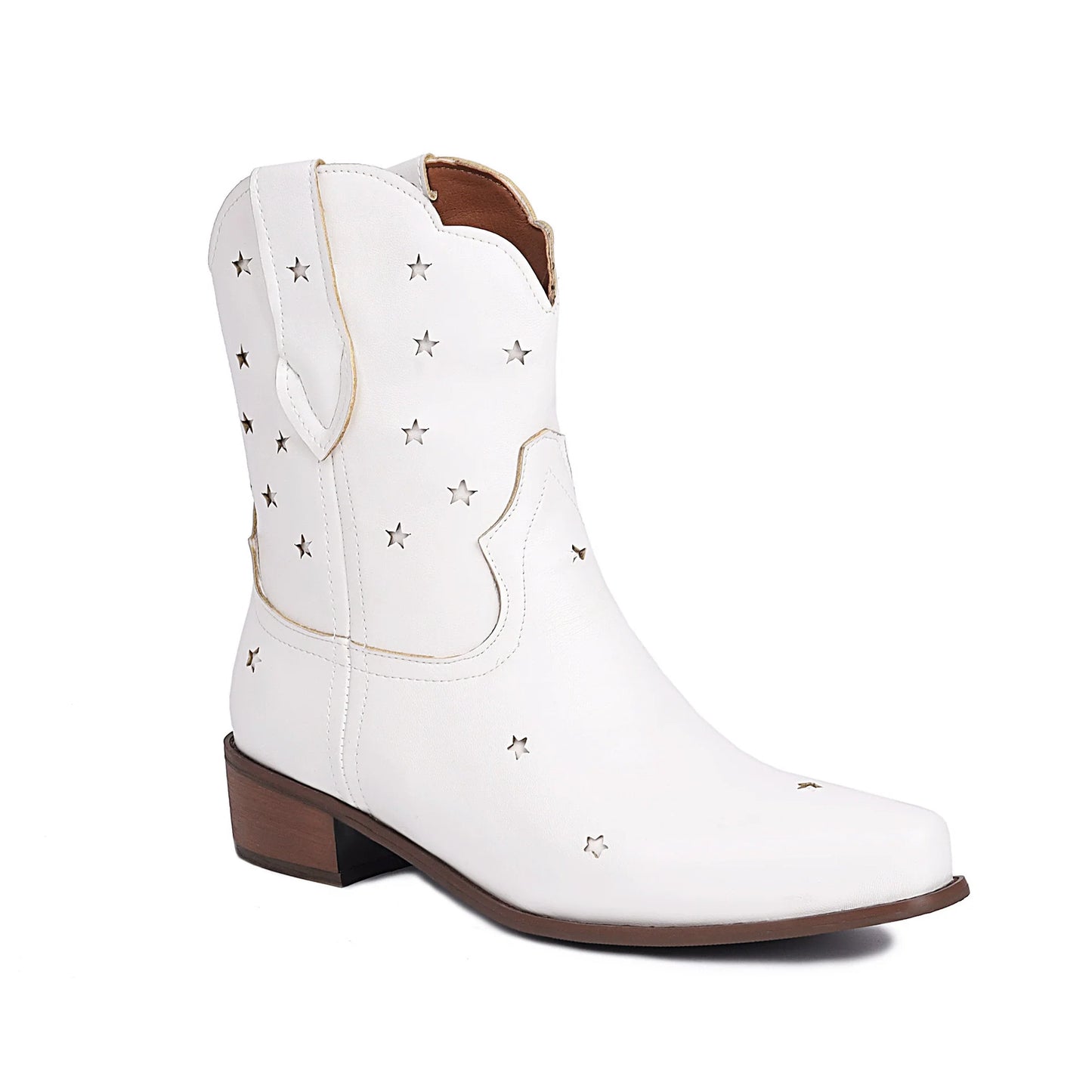 Women’s Ankle Boots – Snip Toe – Star Studded – Low Block Heel – Pull-On Western Style