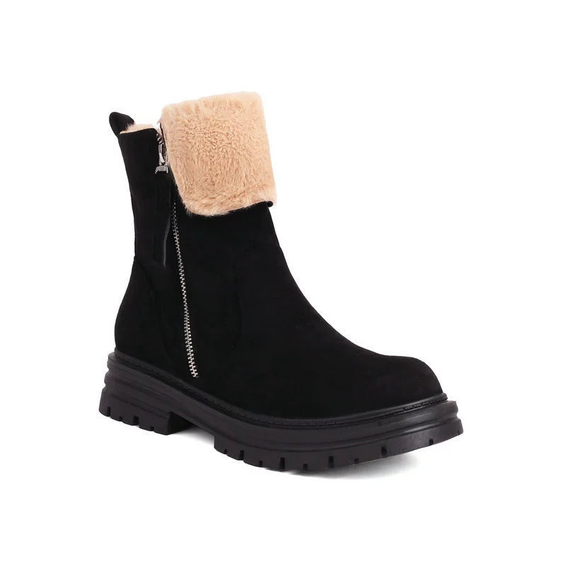 Women’s Ankle Boots – Faux Fur Lined – Lug Sole – Round Toe – Zipper Closure