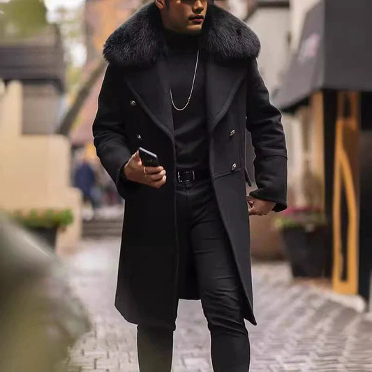 Men’s Overcoat – Wool Blend – Oversized Fit – Double-Breasted – Plush Fur Collar